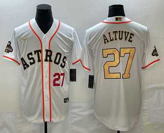 Mens Houston Astros #27 Jose Altuve Number 2023 White Gold World Serise Champions Patch Cool Base Stitched Jersey